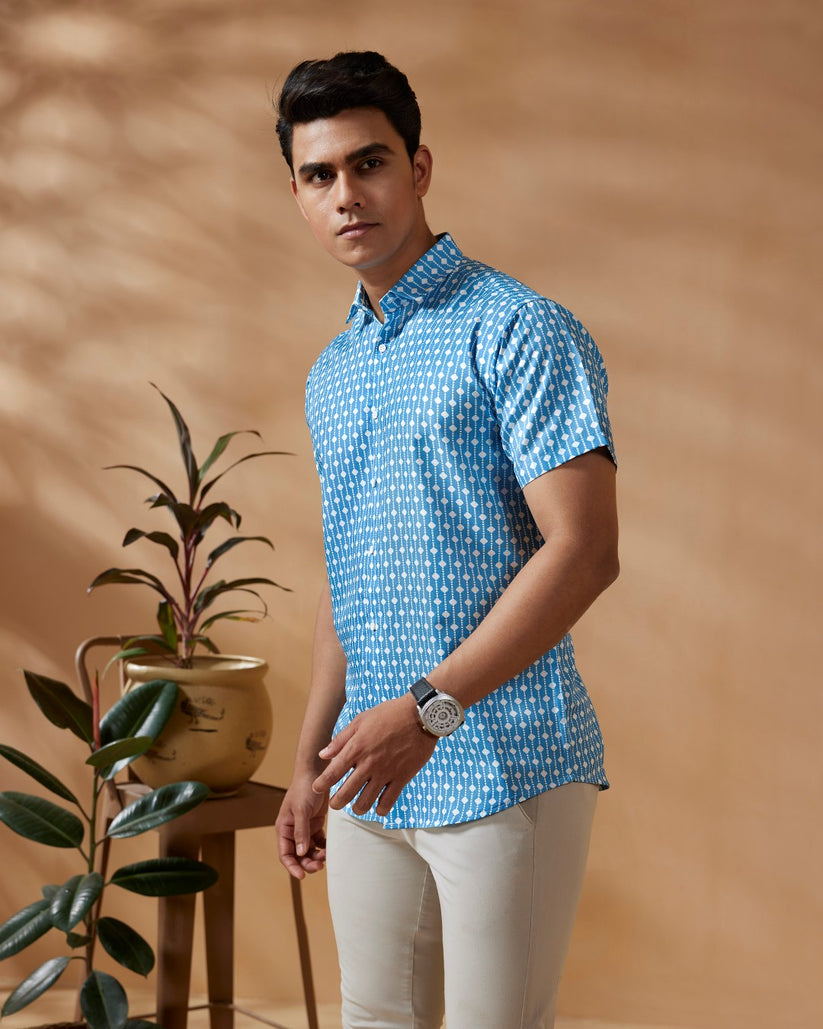 Geometric Printed Blue Casual Shirt