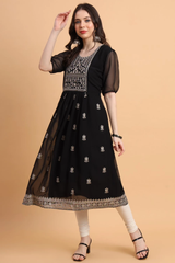 Black Embroidered Georgette Straight Kurti