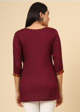 Maroon Embroidered Cotton Short Kurti