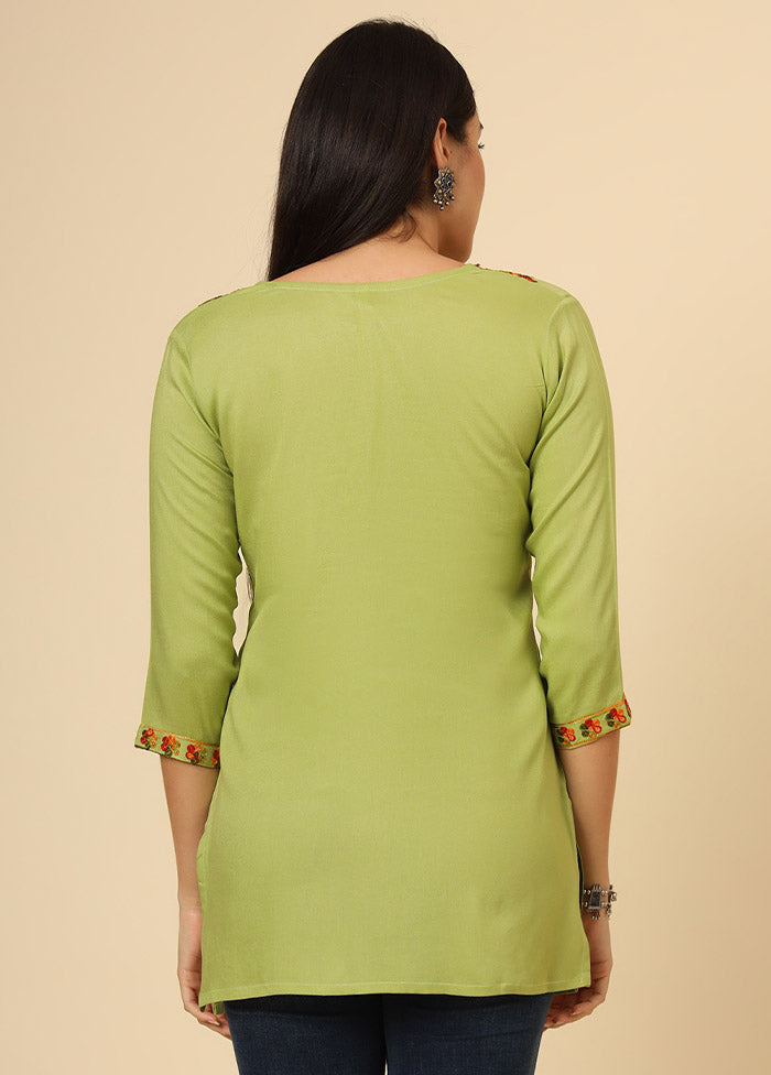 Green Embroidered Cotton Short Kurti