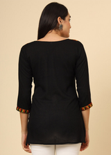 Black Embroidered Cotton Short Kurti