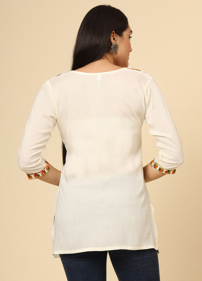 White Embroidered Cotton Short Kurti