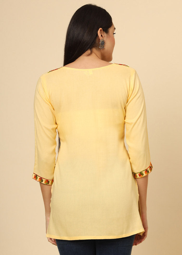 Yellow Embroidered Cotton Short Kurti