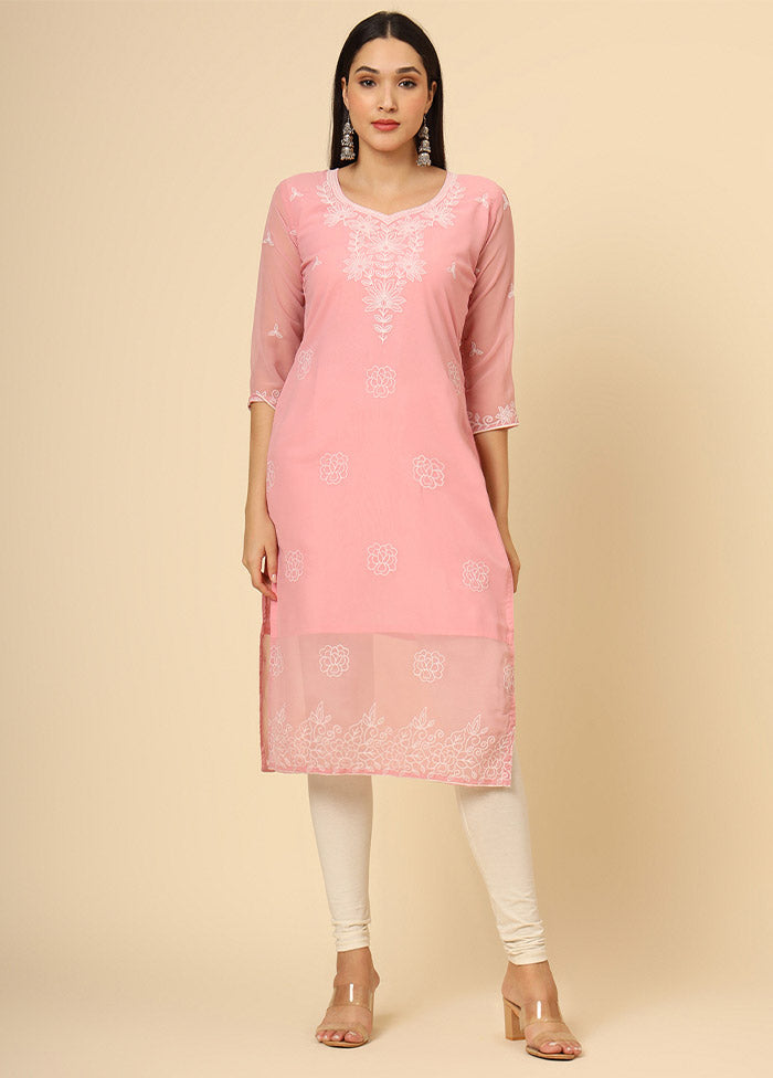 Pink Embroidered Georgette Straight Kurti Crepe Inner