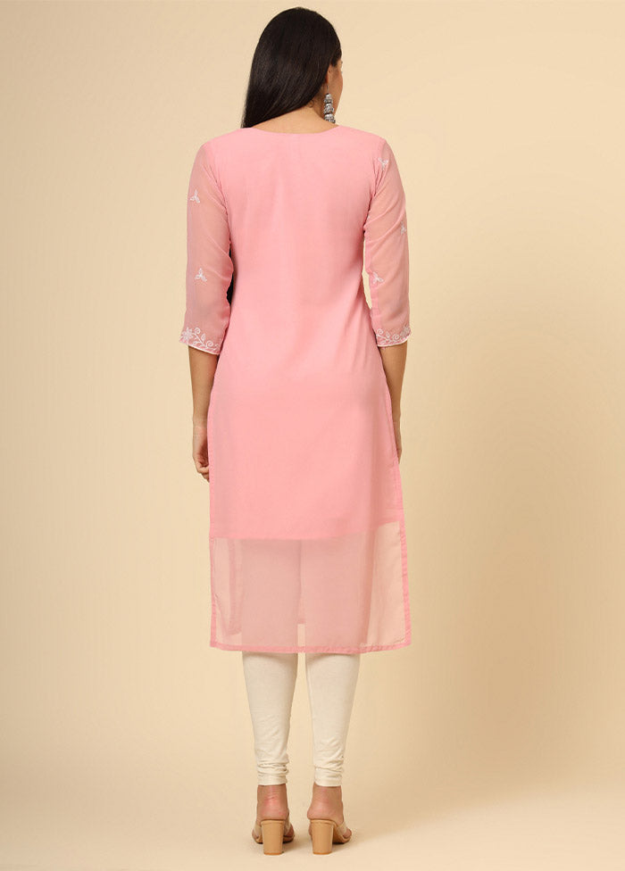 Pink Embroidered Georgette Straight Kurti Crepe Inner