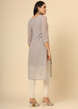 Grey Embroidered Georgette Straight Kurti Crepe Inner