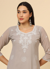 Grey Embroidered Georgette Straight Kurti Crepe Inner