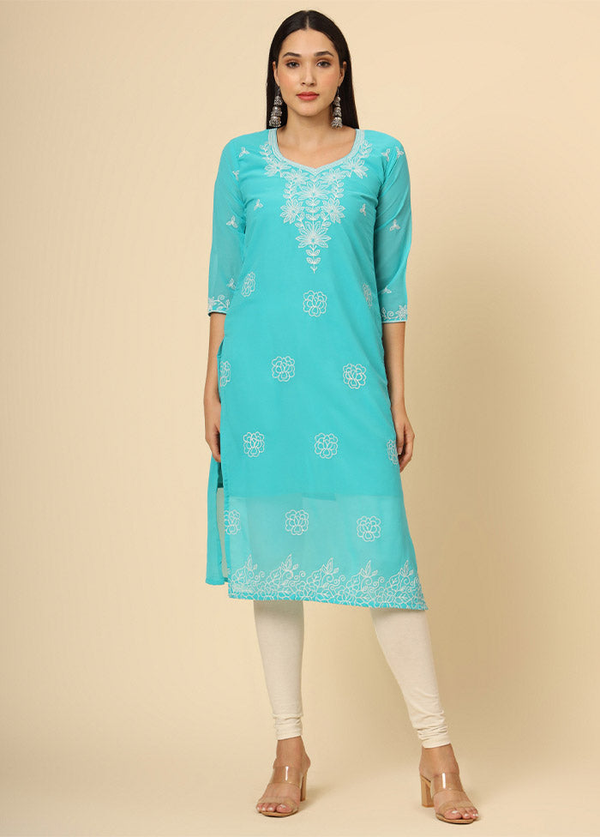 Blue Embroidered Georgette Straight Kurti Crepe Inner