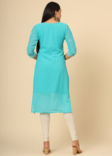 Blue Embroidered Georgette Straight Kurti Crepe Inner