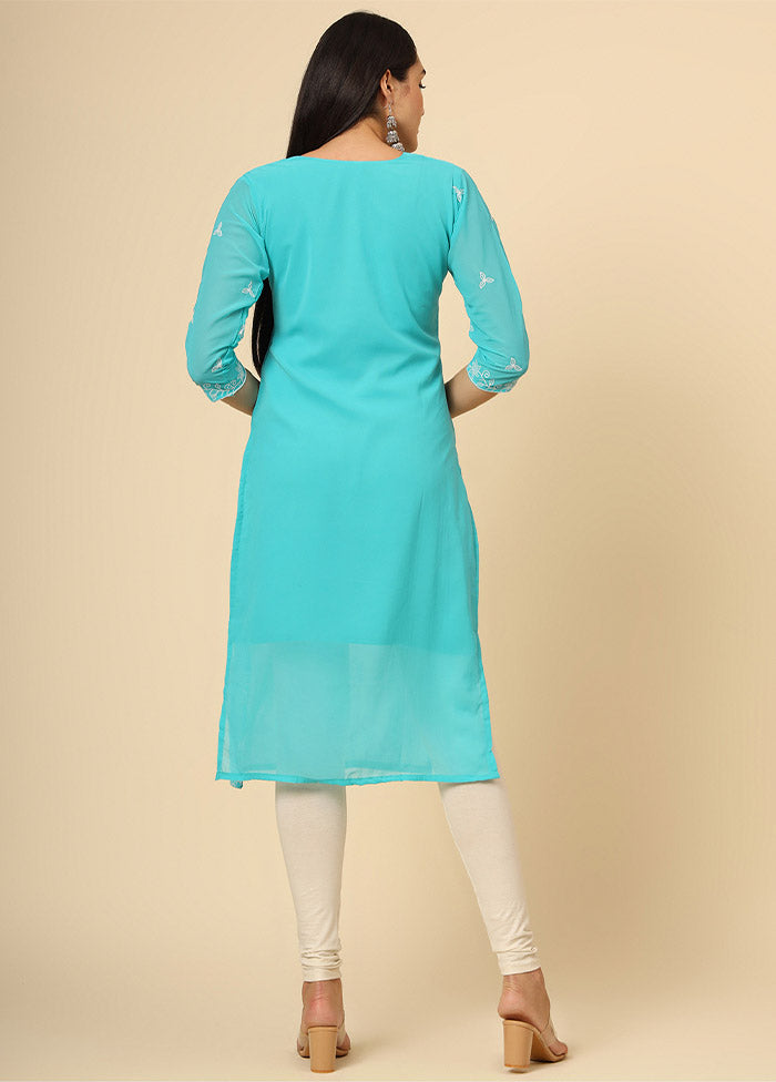 Blue Embroidered Georgette Straight Kurti Crepe Inner