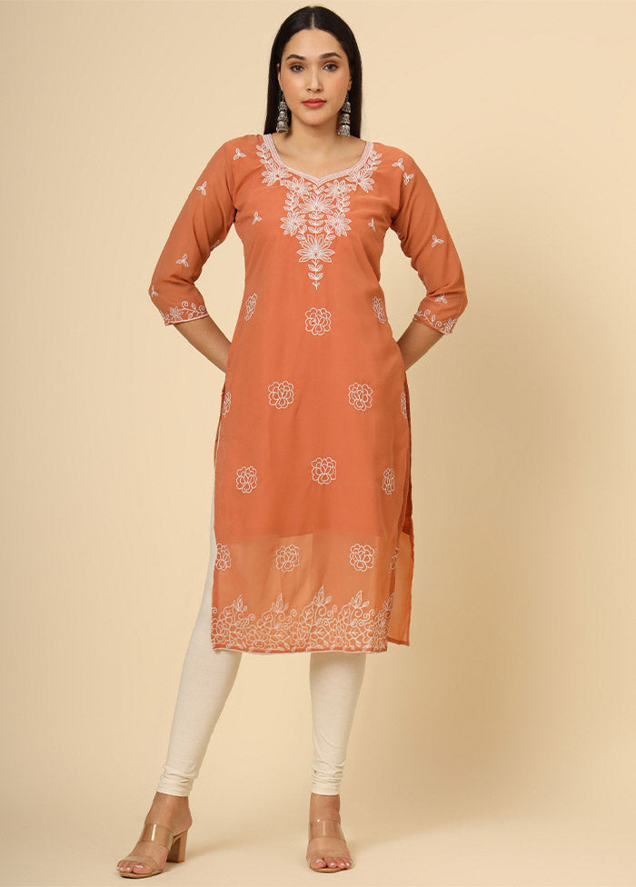 Orange Embroidered Georgette Straight Kurti Crepe Inner