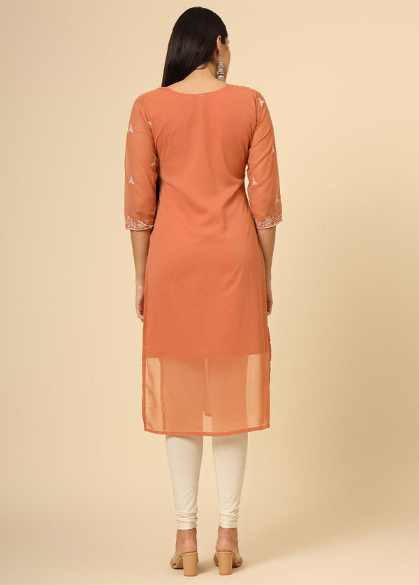 Orange Embroidered Georgette Straight Kurti Crepe Inner