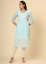 Sky Blue Embroidered Georgette Straight Kurti Crepe Inner