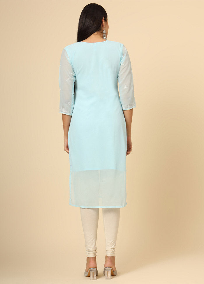 Sky Blue Embroidered Georgette Straight Kurti Crepe Inner