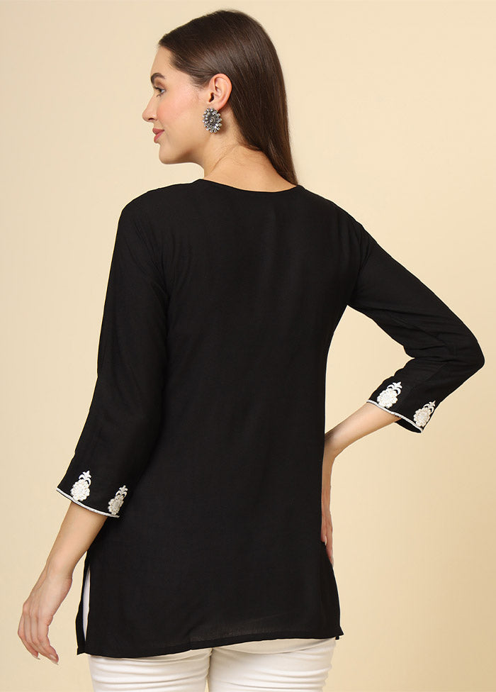 Black Cotton Short Embroidered Kurti