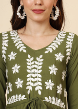 Green Embroidered Cotton Kurti