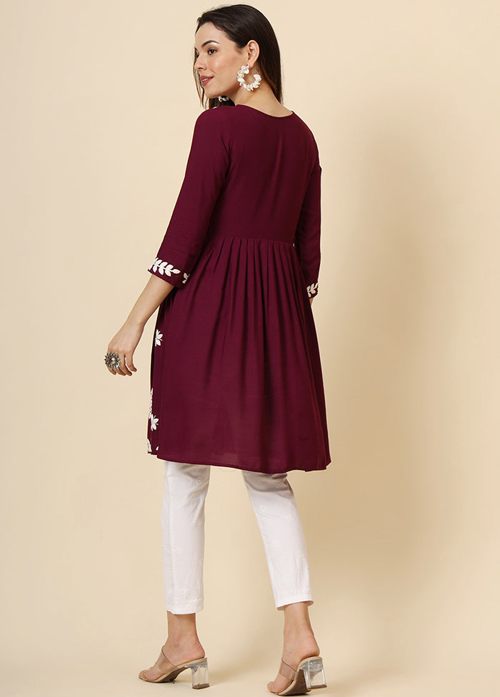 Maroon Embroidered Cotton Kurti