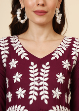 Maroon Embroidered Cotton Kurti