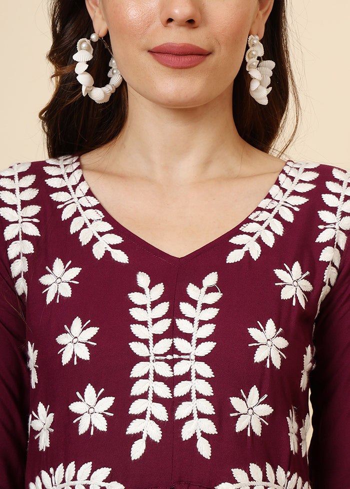 Maroon Embroidered Cotton Kurti