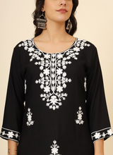 Black Floral Embroidered Liva Rayon Straight Kurti