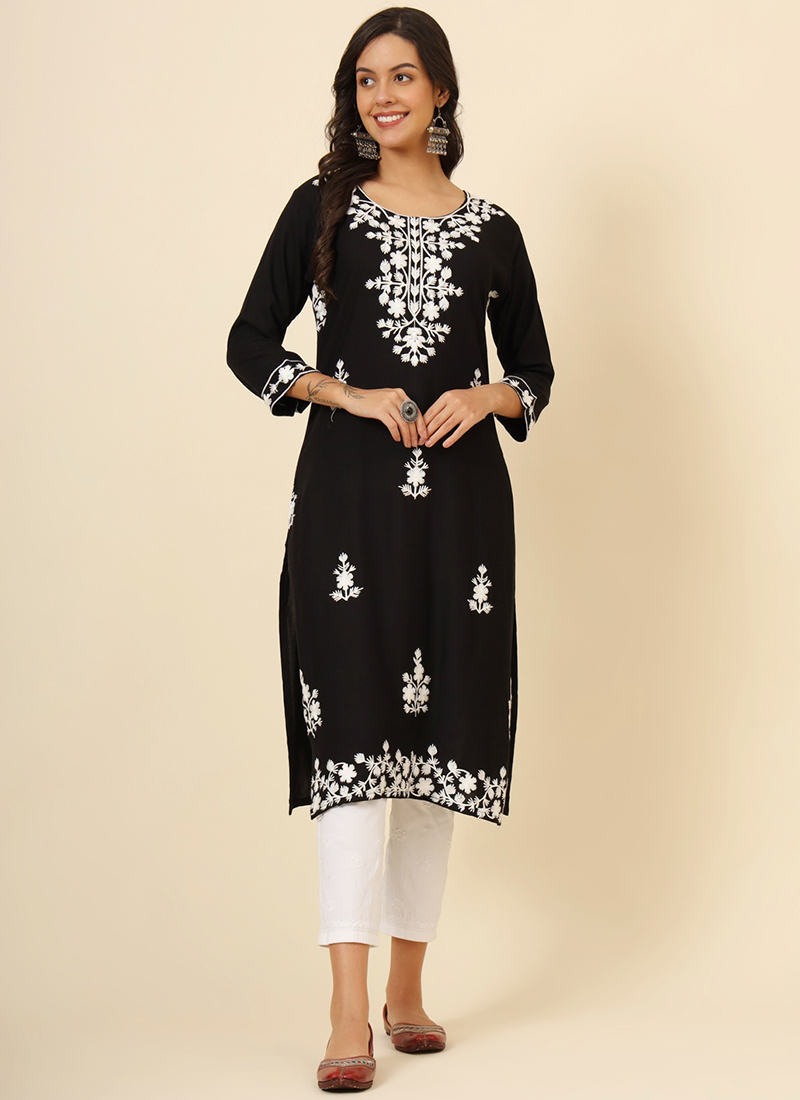 Black Floral Embroidered Liva Rayon Straight Kurti