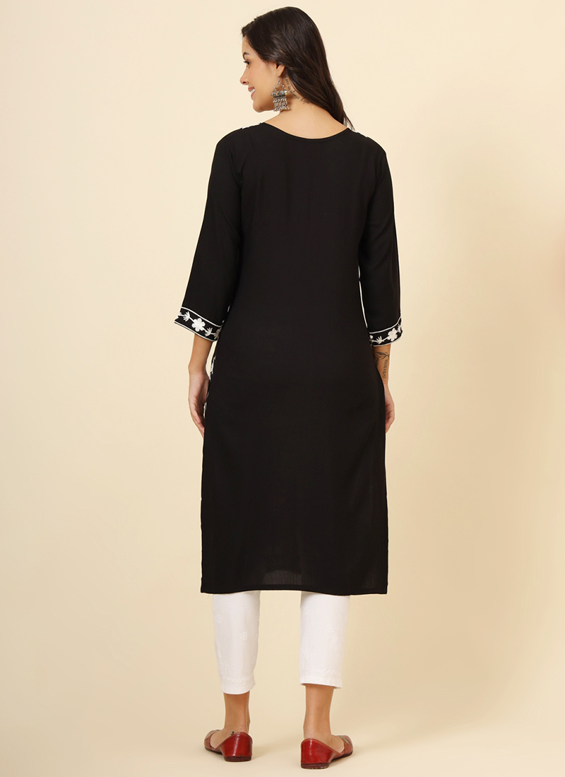 Black Floral Embroidered Liva Rayon Straight Kurti