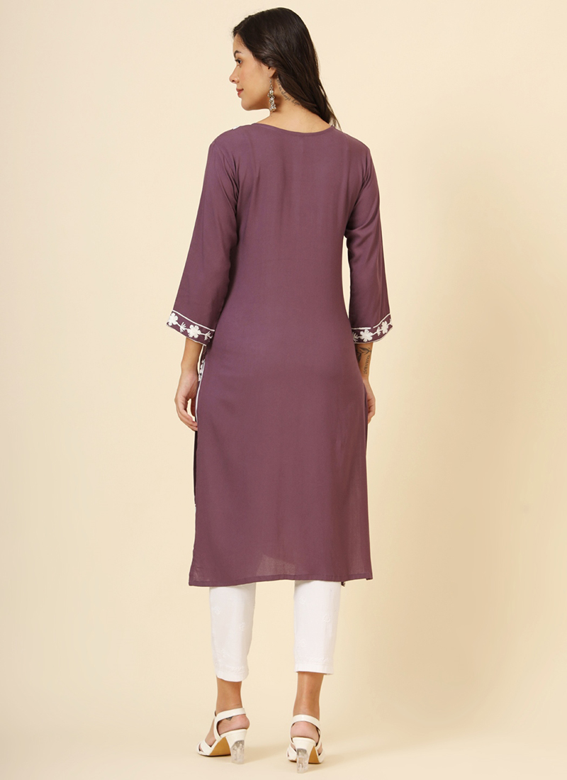 Purple Floral Embroidered Liva Rayon Straight Kurti