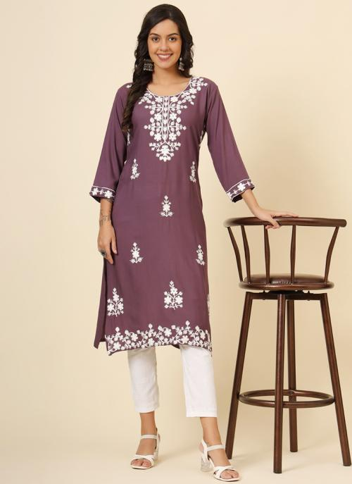 Purple Floral Embroidered Liva Rayon Straight Kurti