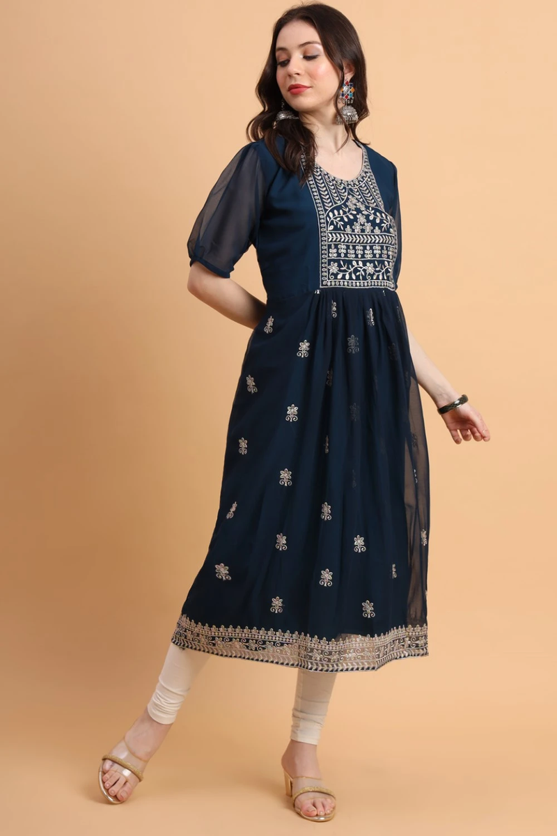 Navy Blue Embroidered Georgette Straight Kurti