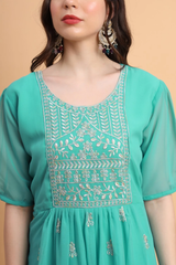 Blue Embroidered Georgette Straight Kurti