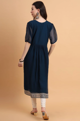 Navy Blue Embroidered Georgette Straight Kurti