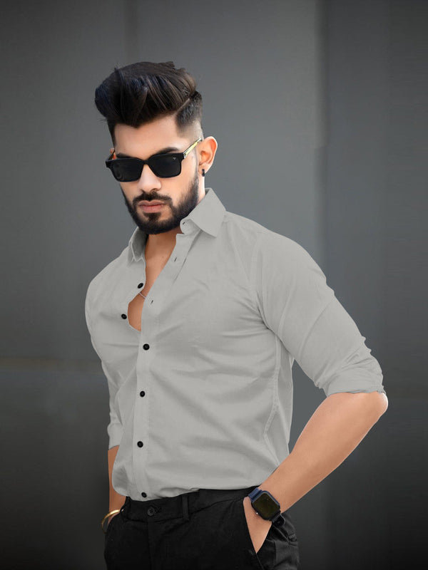 Grey Full Sleeves Lycra Plain Shirt