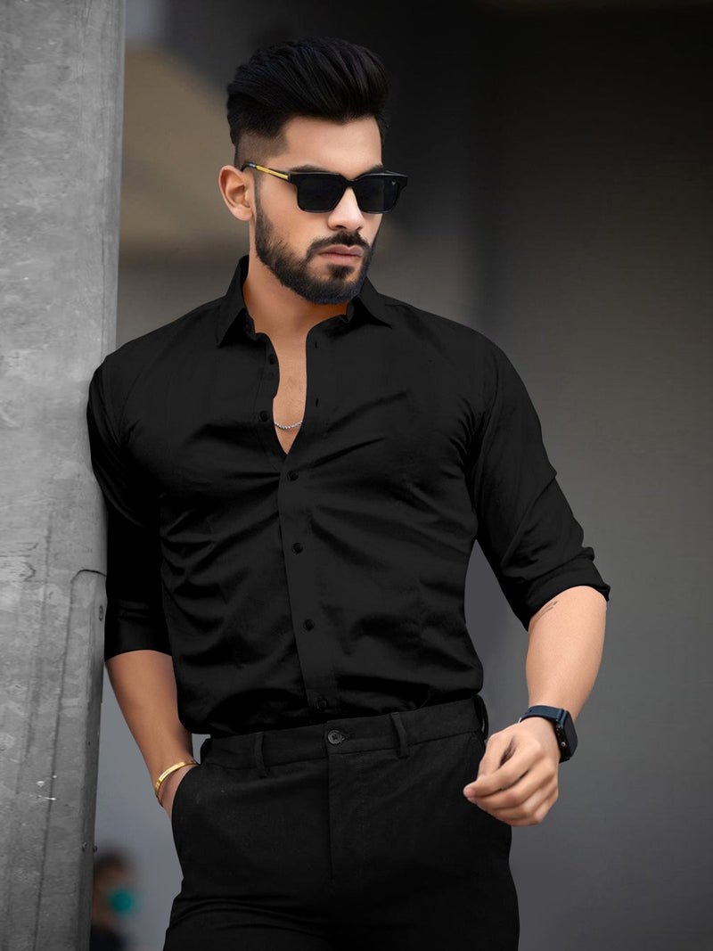 Black Full Sleeves Lycra Plain Shirt