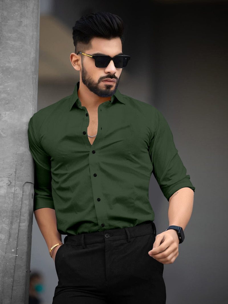 Green Full Sleeves Lycra Plain Shirt