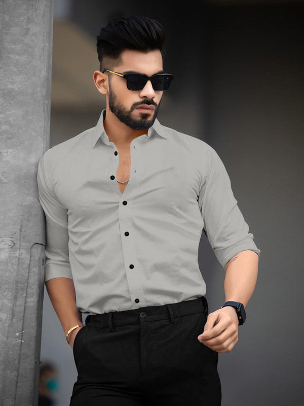 Grey Full Sleeves Lycra Plain Shirt