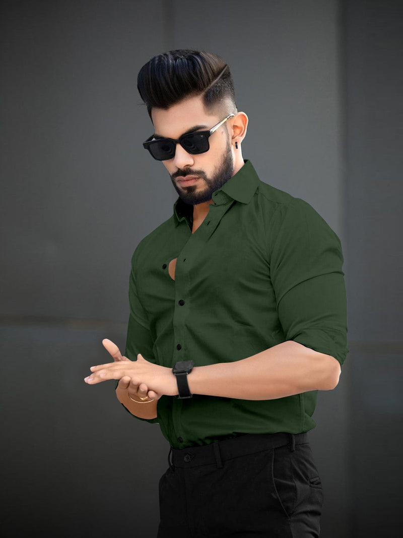 Green Full Sleeves Lycra Plain Shirt