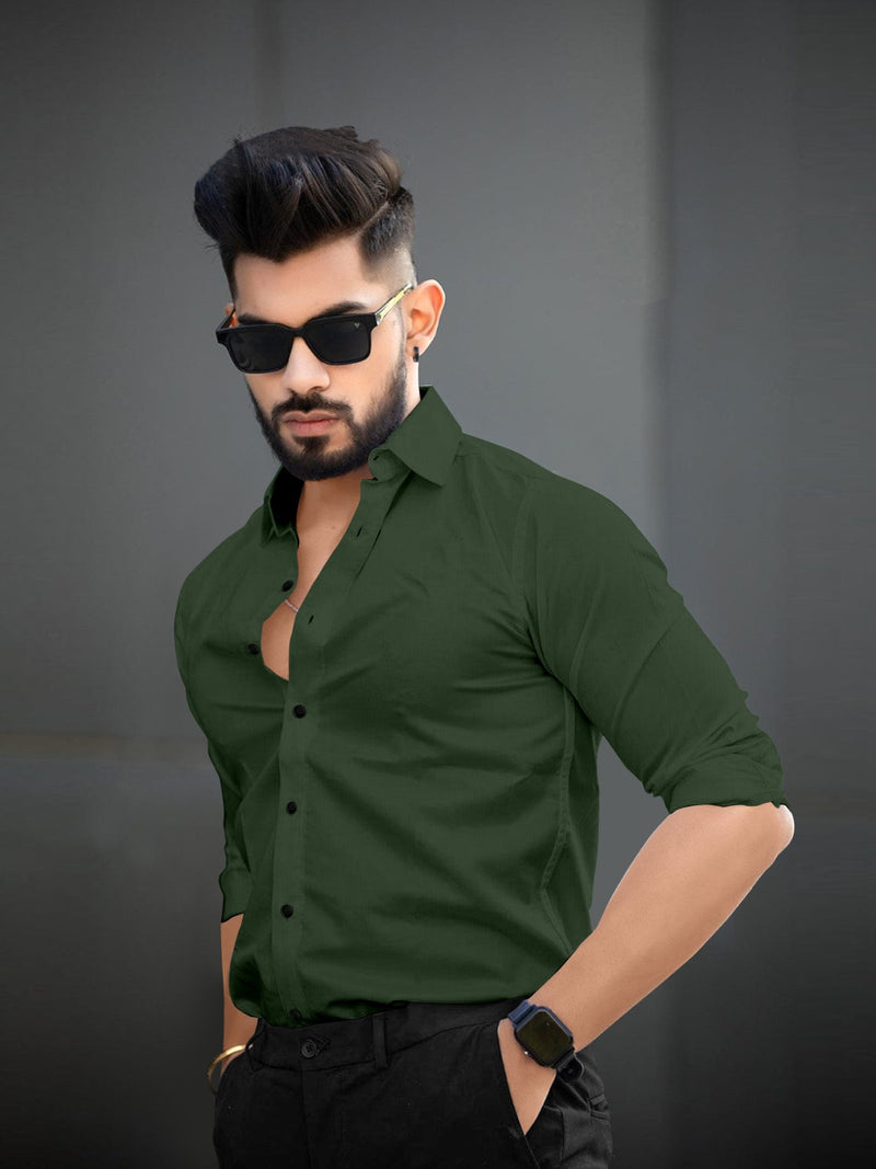 Green Full Sleeves Lycra Plain Shirt