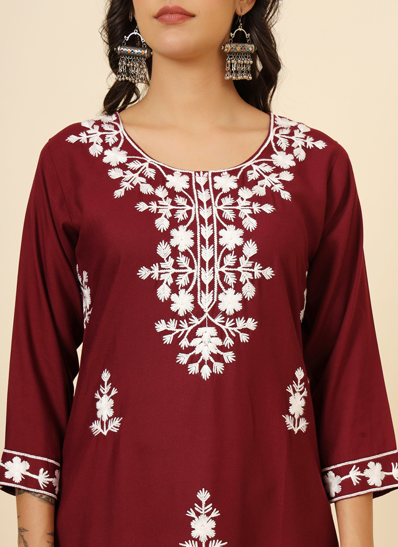 Maroon Floral Embroidered Liva Rayon Straight Kurti