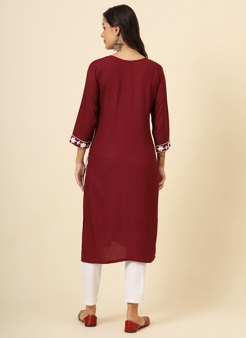 Maroon Floral Embroidered Liva Rayon Straight Kurti