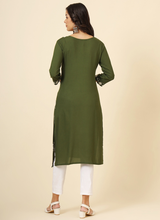 Green Floral Embroidered Liva Rayon Straight Kurti