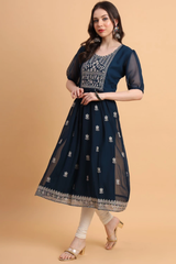 Navy Blue Embroidered Georgette Straight Kurti