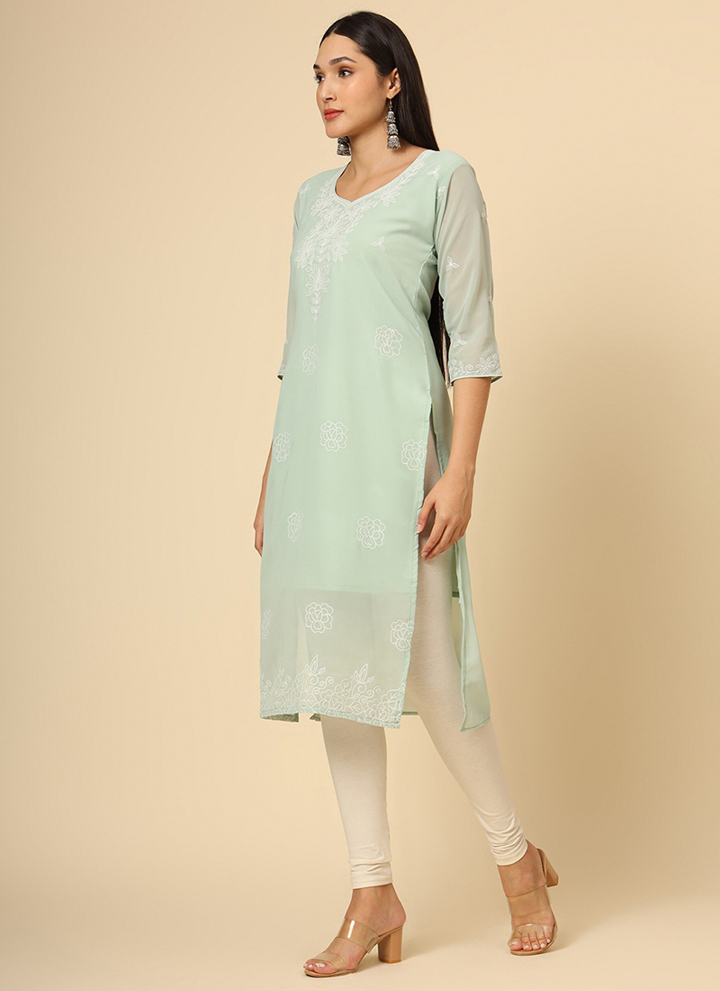 Sea Green Embroidered Georgette Straight Kurti Crepe Inner