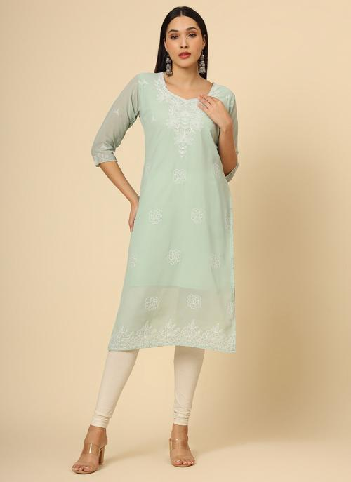 Sea Green Embroidered Georgette Straight Kurti Crepe Inner