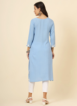 Blue Floral Embroidered Liva Rayon Straight Kurti