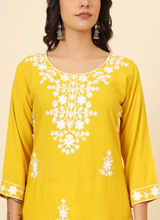 Yellow Floral Embroidered Liva Rayon Straight Kurti