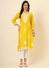 Yellow Floral Embroidered Liva Rayon Straight Kurti