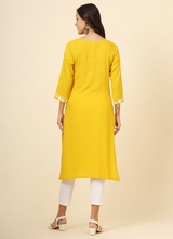 Yellow Floral Embroidered Liva Rayon Straight Kurti