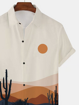 Mens Cactus Desert Scenery Print Holiday Short Sleeve Shirts