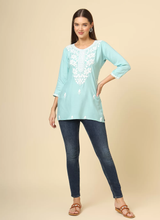 Blue Cotton Short Chicken Kari Work Kurti