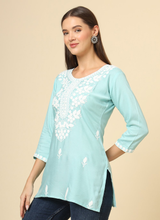 Blue Cotton Short Chicken Kari Work Kurti